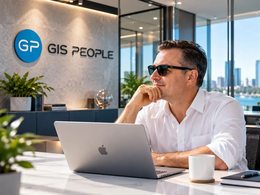 A GIS People consultant thinking at a laptop in the office