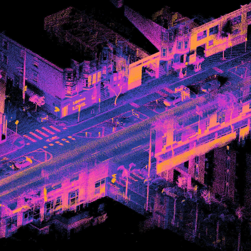 A terrestrial lidar point cloud of a city intersection