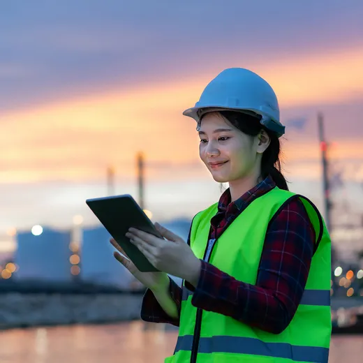 An engineer using a tablet outside a gas refinery at dusk