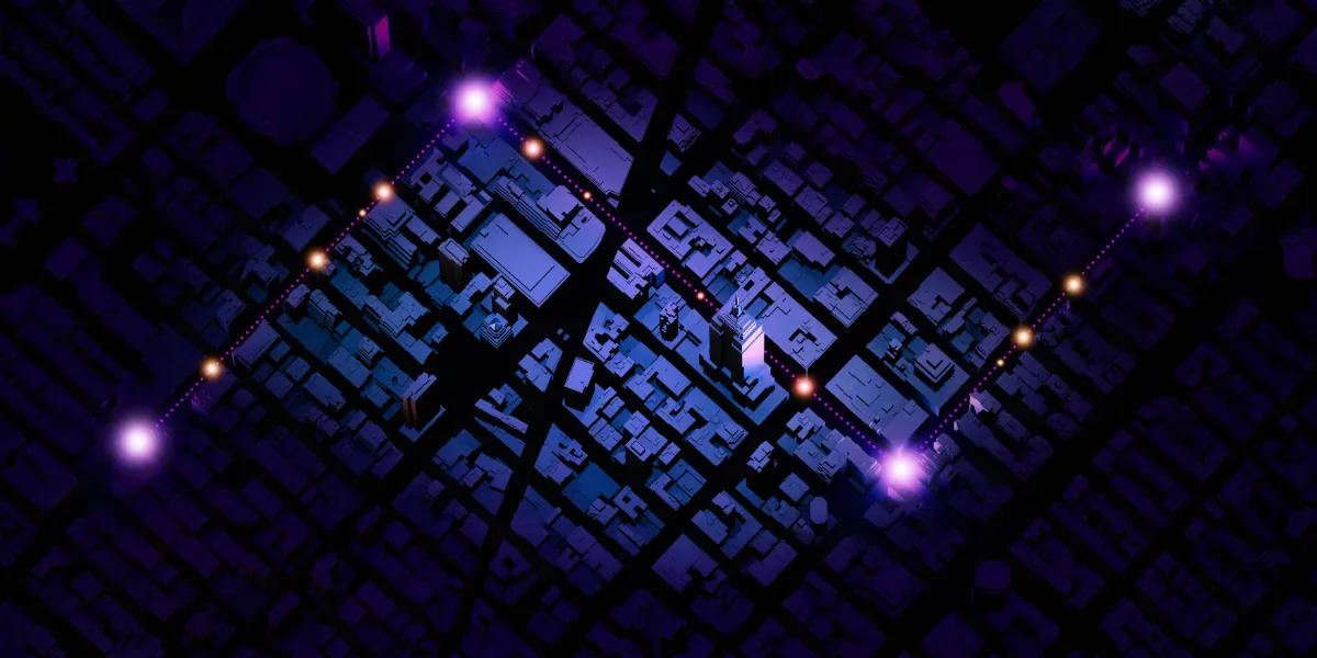 gps dark map city route travel signal application 3d illustration showing real estate and buildings