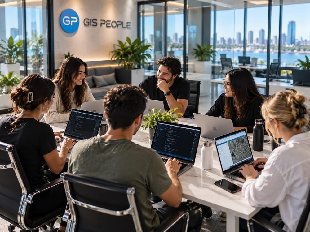 The GIS People team working side by side on laptops around a table