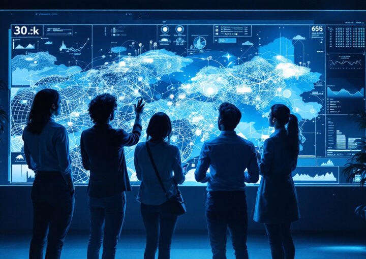 A photograph of a diverse team of professionals collaborating over a digital map on a large screen